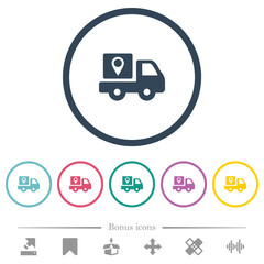 Package delivery tracking solid flat color icons in round outlines