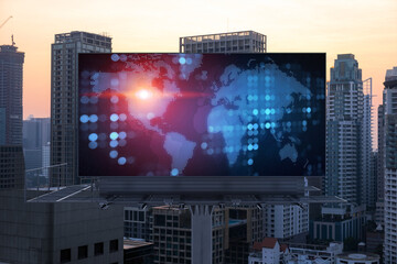 Glowing hologram of Earth planet map on billboard over aerial panoramic cityscape of Bangkok at...