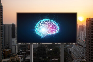 Brain hologram on billboard with Bangkok cityscape background at sunset. Street advertising poster....