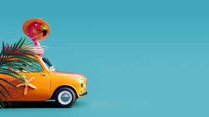 Orange retro car with pink flamingo on the roof ready for summer travel 3D Rendering, 3D Illustration - obrazy, fototapety, plakaty