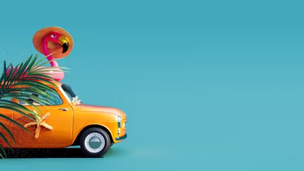  Orange retro car with pink flamingo on the roof ready for summer travel 3D Rendering, 3D Illustration © hd3dsh