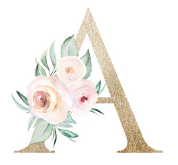 Light golden Letter A with watercolor roses and leaves. Pastel floral alphabet © katrinshine