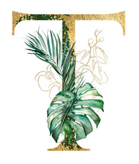 Golden letter T decorated with green and golden Watercolor tropical leaves isolated