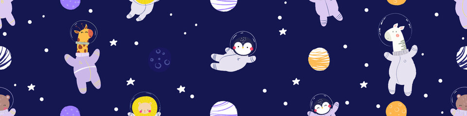 Fototapeta na wymiar seamless pattern wild animal in space, cute vector illustration, childish design