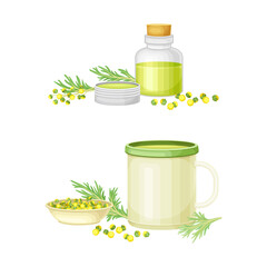 Mug of herbal tea and wormwood tincture set. Artemisia mongolica, flowering herbaceous medicinal plant vector illustration
