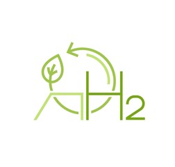Green hydrogen production. Renewable energy source. H2 fuel plant sign.