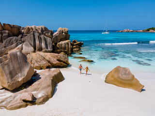 Anse Cocos beach, La Digue Island, Seyshelles, Drone aerial view of La Digue Seychelles bird eye...