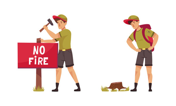 Male park rangers in khaki uniform working protecting and preserving nature vector illustration