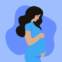 Beautiful pregnant woman in a blue dress on an abstract background