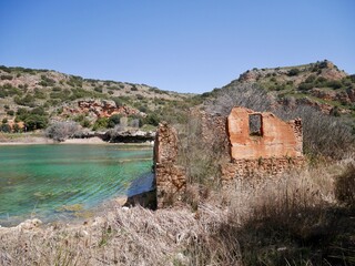 Crumbling building in Laguna de Ruidera nature park. Castile La Mancha, Spain.