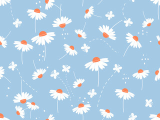 Seamless pattern with daisy flower and butterflies on blue background vector.