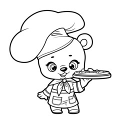 Cute cartoon baby bear dressed as a chef and with pizza outlined for coloring page on white background