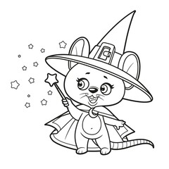 Cute cartoon mouse wizard with magic wand outlined for coloring page on white background