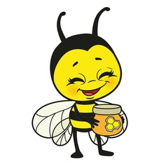 Cartoon cute bee hold a small jar of honey color variation for coloring page on white background.