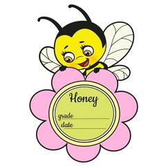 Vertical label design with bee and flower with space for honey variety and bottling date outlined for coloring page on white background
