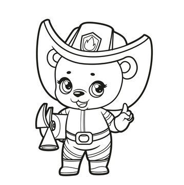 Cute cartoon baby bear dressed as a firefighter with a fire extinguisher in its paws outlined for coloring page on white background