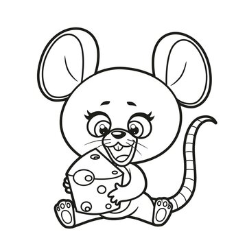 Cute cartoon mouse sit and hold piece of cheese in paws outlined for coloring page on white background