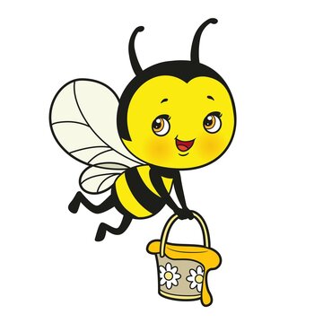 Cartoon cute bee flies with a bucket of honey in hands color variation for coloring page on white background