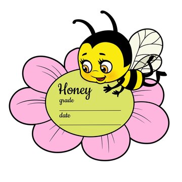 Label design with bee and flower with space for honey variety and bottling date color variation for coloring page on white background