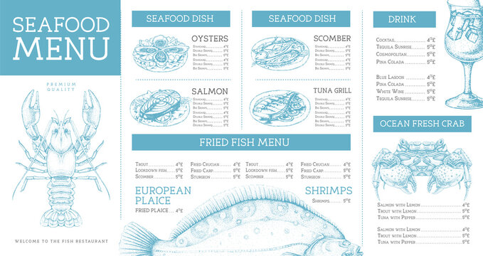 Seafood restaurant menu design with hand drawing fish. Vector illustration