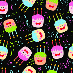 cute kawaii cakes with candles isolated quirky characters with face eyes cheeks and smile vector seamless pattern with confetti