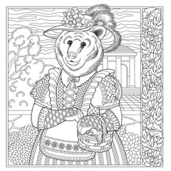 Fantasy fairytale bear girl. Vintage coloring book page for adults. 