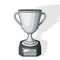 Silver trophy cup or champions cup with 2nd place text on silver plate. Vector illustration in comic cartoon style on a white background