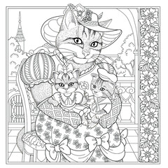 Fantasy fairytale cat girl with kittens. Vintage coloring book page for adults. 