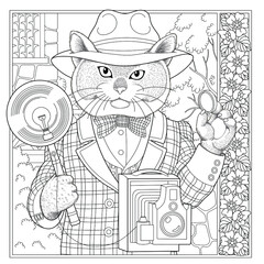 Fantasy fairytale cat man. Vintage coloring book page for adults. 