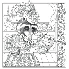 Fantasy fairytale raccoon girl. Vintage coloring book page for adults. 