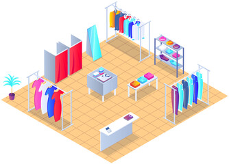 Customer choosing clothes in store. Shop assistant consultant helps buyer to choose product during shopping. Purchaser service in mall. People stand near hangers with clothes in store or boutique