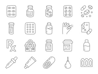 Pharmacy doodle illustration including icons - pills bottle, pipette, capsules, tablets blister, vitamin, cough syrup, contraceptives and supplements. Thin line art about drug store. Editable Stroke - obrazy, fototapety, plakaty