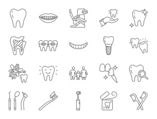 Dental clinic doodle illustration including icons - wisdom tooth, veneer, teeth whitening, braces, implant, electric toothbrush, caries, floss, mouth. Thin line art about stomatology. Editable Stroke.