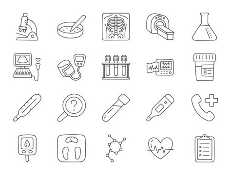 Medical checkup doodle illustration including icons - xray, ultrasound, glucometer, checklist, blood test, petri dish, thermometer. Thin line art about health diagnostic equipment. Editable Stroke.