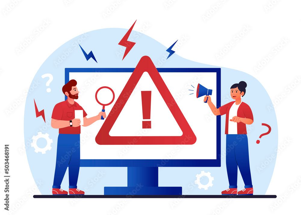 Poster system error concept. man and girl next to computer monitor. attention sign or symbol. programmers a