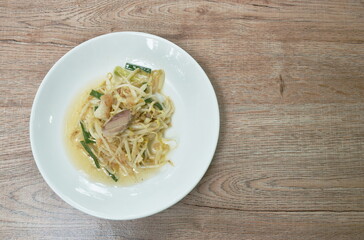 fried bean sprout with slice crispy on plate