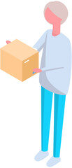 Fototapeta Delivery man stands holding cardboard box in his hands. Male courier delivers package to customer. Delivery company employee gives order to client. Goods transport service worker holding box parcel obraz