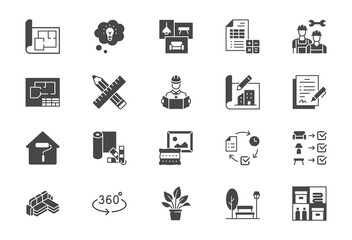 Interior design flat icons. Vector illustration include icon - architecture, blueprint, project calculation, documentation glyph silhouette pictogram for home decoration. Black color signs