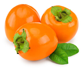 fresh ripe persimmons with green leaves isolated on white background. clipping path
