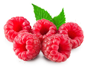 ripe raspberries with green leaf isolated on white background. clipping path