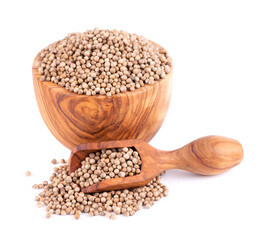Coriander seeds in olive bowl and scoop, isolated on white background. Cilantro grain. Organic spice.