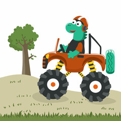 Vector illustration of dinosaurs riding monster truck with cartoon style. Can be used for t-shirt print, kids wear, invitation card. fabric, textile, nursery wallpaper, poster and other decoration.