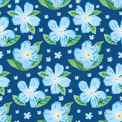 Blue Forget-Me-Not flowers seamless pattern vector background. Beautiful backdrop of painterly gradient and line art mysotis flowers. Hand drawn botanical design. All over print