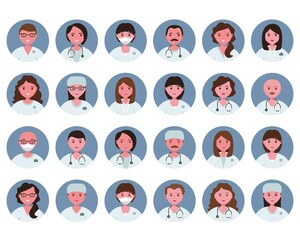 People portraits of males, females doctor and nurse. Men and women face avatars isolated at round icons set. Flat vector illustration