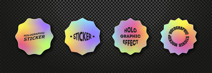 Holographic sticker set in different shapes. Hologram amblems, labels, sale badges. Vector sticker templates