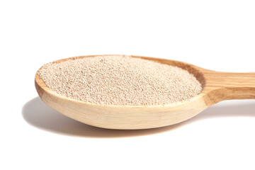 Active dry baking yeast granules in wooden spoon
