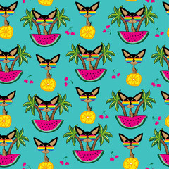Tropical seamless pattern, with funny cartoon chihuahua dog and watermelon, lemon slice, cherry and island. Good for textile print, cover, banner, wrapping and wallpaper design.