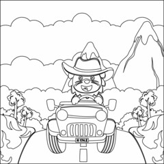 Cute lion cartoon having fun driving off road car on sunny day. Cartoon isolated vector illustration, Creative vector Childish design for kids activity colouring book or page.