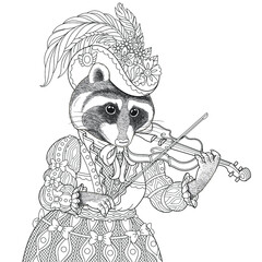 Naklejka premium Raccoon lady portrait. Fantasy animal coloring book page for adults