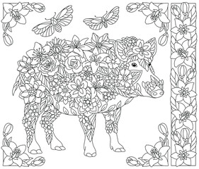Adult coloring book page. Floral wild boar. Ethereal animal consisting of flowers, leaves and butterflies